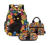 Biyejit Black Cat Hippie Floral Kids School Backpack Set Includes Backpack with Lunch Bag and Lightweight Pencil Case Large Capacity for Girls Junior Back to School Supplies