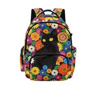 Biyejit Black Cat Hippie Flroal Kids Girls School Backpack Durable Daypack with Side Pockets and Front Zipper Pockets for Elementary