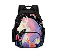 Biyejit Black Rainbow Horse Floral Kids Backpack for School with 1 Side Zipper Pockets and 1 Side Pocket Lightweight Rucksack for Elementary Girls Books and Supplies