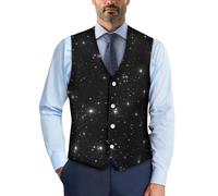 Biyejit Black Star Waistcoat for Men Formal Suit Vest Waistcoat with Button Slim V-Neck Dress Waistcoat for Business Tuxedo Party Wedding Size S-4XL