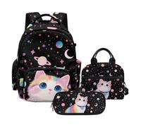 Biyejit Black Starry Cat 3 Piece Kids School Backpack Set Matching Lunch Bag and Pencil Case for Girls Elementary Students Back to School