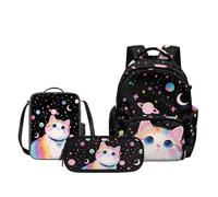 Biyejit Black Starry Planet Cat Kids 3 in 1 Backpack Set Matching Lunch Bag and Pencil Case School Bag Set for Boys Ages 3 Plus Kindergarten Elementary