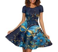 Biyejit Blue Flower Butterfly Wedding Guest Dresses for Women Casual Short Sleeve Flare Dress Summer Beach Swing Dresses Holiday Party Costumes S-4XL