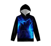 Biyejit Blue Galaxy Wolf Print Boys Girls Fleece Hoodies Plush Pullover Hoodie Casual Hooded Sweatshirts with Pocket for Age 11-13 Kids