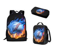 Biyejit Blue Red Flame Baseball Print Backpack for Boys Set of 3 Bookbag with Lunch Box and Pencil Pouch Set Large Capacity Kids School Backpack