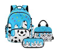 Biyejit Blue Soccer Ice-Cream 3D Printed School Backpack Set for Kids Includes Backpack Insulated Lunch Bag and Pencil Case Pouch Spacious Travel School Bag for Boys