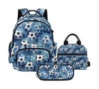 Biyejit Blue Soccer Print Kids 3 in 1 Backpack Set Matching Lunch Bag and Pencil Case School Bag Set for Boys Ages 3 Plus Elementary