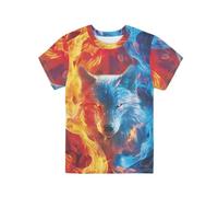 Biyejit Boys T Shirts Red Blue Fire Wolf Printed Graphic Tees Shirts Crewneck Short Sleeve Activewear for Kids 3-16 Years