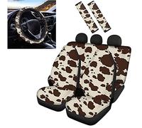 Biyejit Brown Cow Print Car Front and Back Seat Covers+ Steering Wheel Cover+ Seat Belt Pads 7 Pcs Universal Car Interior Decorative Accessories Great Gifts for Women Men Car Lover