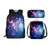 Biyejit Butterfly Pattern Children School Bags Set 3-in-1 Backpack Lunch Bag and Pencil Case Water Resistant 17 Inches Bookbags for Teen Youth Students