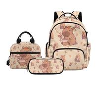 Biyejit Capybara Milk Tea Print Kids Backpack and Thermal Lunch Bag Set with Pencil Case 3 PCS School Backpack Set Kindergarten Elementary Daypack for Children Back to School