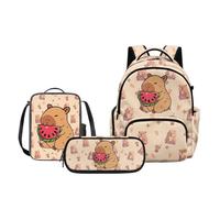 Biyejit Capybara Watermelon Milk Tea 3 Piece Kids School Backpack Set Matching Lunch Bag and Pencil Case for Girls Elementary Students Back to School