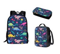 Biyejit Cartoon Dinosaur Kids Backpack Teen Boys School Book Bag with Lunch Box Pen Case 3 in 1