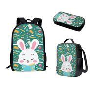 Biyejit Cartoon Rabbit Children School Bags Set 3-in-1 Backpack with Lunch Bag Pencil Bag Casual Kids Schoolbag 17 Inches for School, Hiking, Camping