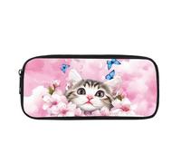 Biyejit Cat with Butterfly Pencil Case Kids Pen Bag Holder Childrens School Office Classroom Travel Supplies Toiletry Stationery Bag for Teen Boys Girls Back to School Gift