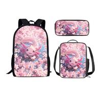 Biyejit Cherry Blossom Axolotl School Backpack Set 3 Pieces Backpack Lunch Bag and Pencil Case Waterproof 17 Inches Bookbags Daypack Gift