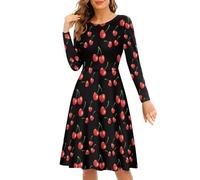 Biyejit Cherry Women's A-Line Mini Dress Long Sleeve Ladies Swing Dress Breathable Sundress for Party Wedding S-4XL