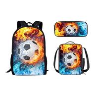 Biyejit Children Backpack Blue Red Fire Soccer Print School Bag Set of 3 with Lunchbox Pencil Case for Boys