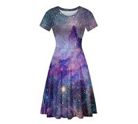 Biyejit Colorful Nebula Print Women Short Sleeve Dresses Crew Neck Stretchy Midi Dress Summer Casual Beach Swing Dress Party Flare Dresses S-4XL