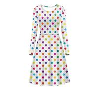 Biyejit Colorful Polka Dot Print Women's Casual Crew Neck Dress Long Sleeve Swing Dress Elastic Evening Cocktail Party Flare Dresses S-4XL