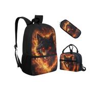 Biyejit Cool Wolf Fire School Backpack Set 3 Pieces Backpack with Lunch Bag Pencil Bag Case Lightweight 17 Inches Kids Schoolbag for High School College Students