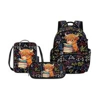 Biyejit Cow Math Printed 3 Piece Kids Backpack Set with Insulated Lunch Bag and Large Pencil Case School Supplies for Boys Elementary Kindergarten