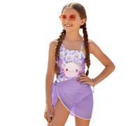 Biyejit Cute Axolotl Girl's Swimsuit One Piece Kids Padded Bathing Suits with Adjustable Straps Swimwear Children's Skirted Swimming Costume for Beach, Party, Vacation,Pool Age 7-18 Years