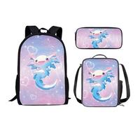 Biyejit Cute Axolotl School Backpack Set 3 PCS Backpack with Lunch Bag Pencil Bag Casual 17 Inches Bookbags Daypack Gift