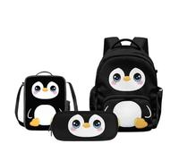 Biyejit Cute Black Penguin 3D Print Kids Backpacks for Girls School Bag with Lunch Box and Pencil Case for Kids Set Kindergarten Primary Middle School