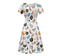 Biyejit Cute Cat Print Women Short Sleeve Dresses Crew Neck Stretchy Midi Dress Summer Casual Beach Swing Dress Party Flare Dresses S-4XL