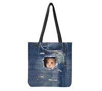 Biyejit Cute Denim Hamster Print Shipping Storage Tote Bags Reusable Grocery Bags with Long Handles