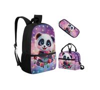 Biyejit Cute Panda School Bags Set 3 in 1 Children Backpack Lunch Bag and Pencil Case Large Capacity Bookbags 17 Inches for Hiking, Camping, Travel, Work