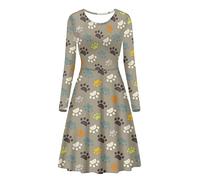 Biyejit Dog Paw Print Women's Casual Long Sleeve Midi Fall Dress Flare Flowy Dresses for Work Daily Wear