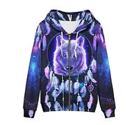 Biyejit Dreamcatcher Wolf Print Women Hoodie Long Sleeve Drawstring Hooded Tops Loose Casual Sweatshirt Active Jackets with Pocket, Purple