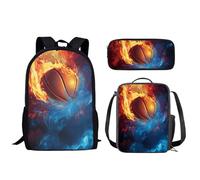 Biyejit Fire Basketballs School Backpack Set 3 in 1 Backpack with Lunch Bag Pencil Bag Water Resistant 17 Inches Bookbags for School, Hiking, Camping, Travel