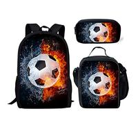 Biyejit Fire Water Soccer Backpack for Boys Kids School Backpack with Lunchbox and Pencil Case Preschool Kindergarten Bookbag Set 3 in1