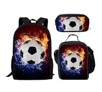 Biyejit Fire Water Soccer Print Kids Backpack Set 3 Pieces School Bookbag with Lunch Box and Pencil Bag