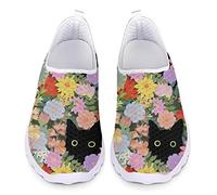 Biyejit Floral Black Cat Print Slip On Shoes for Women Lightweight Beach Water Shoes Breathable Lightweight Athletic Running Jogging Sneakers