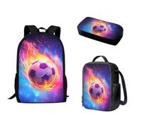 Biyejit Galaxy Fire Soccer Print Kids Backpack Set for Boys 3Pcs Children School Bookbag with Lunch Box Pencil Case Primary School Student Casual Daypack