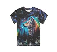 Biyejit Galaxy Forest Wolf Kids T Shirts Short Sleeve Activewear Tee Shirts Casual Tops for Boys Girls Students Youth Size 13-14 Years