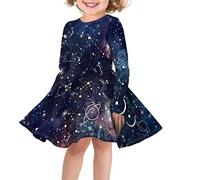 Biyejit Galaxy Space Girl's Long Sleeve Dress Constellation Printed Casual Swing Twirl Skirt for Holiday Theme Party A-Line Flare Skater Dress