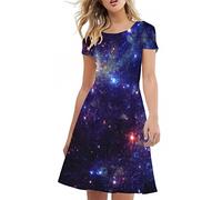 Biyejit Galaxy Space Print Women's Cocktail A-Line Dress Casual Short Sleeve Party Summer Wedding Guest Dress Beach Swing Sundress