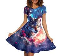 Biyejit Galaxy Wolf Women's Crew Neck Dress Party Dress Short Sleeve Summer Casual A-Line Swing Dress S-4XL