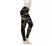 Biyejit Gold Black Marbles Print Women's Yoga Pants High Waisted Leggings Ladies Workout Leggings