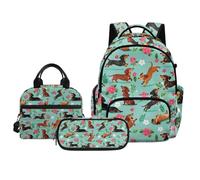 Biyejit Green Dachshund Floral Printed Boys Backpack and Thermal Lunch Bag Set with Pencil Case for Children Kindergarten Elementary School Backpack Back to School