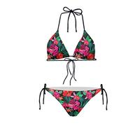 Biyejit Hawaiian Hibiscus Floral Women's Halter Tie Side Triangle Bikini Set String Two Piece Bikini Swimsuit Push Up Padded Swimwear Bathing Suit, Red
