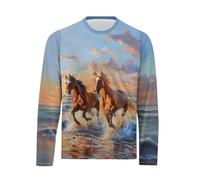 Biyejit Horse Beach Mens Long Sleeve Tshirt Round Neck Tops Tshirt Men Lightweight Athletic Gym Workout Shirts for Daily, Workout Running Size S-4XL