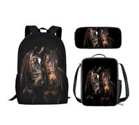 Biyejit Horses School Backpack Set 3-in-1 Backpack with Lunch Bag Pencil Bag Lightweight 17 Inches Bookbags for Teen Youth Students