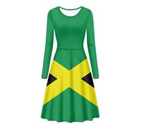 Biyejit Jamaica Flag Print Women's Casual Dresses Long Sleeve Crew Neck T-Shirt Swing Dress for Daily Beach Holiday Party S-4XL