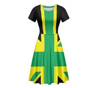 Biyejit Jamaican Kingdom Flag Womens Summer Dresses Short Sleeve Crew Neck Casual Flare Party Dress Beach Swing Midi Dresses S-4XL